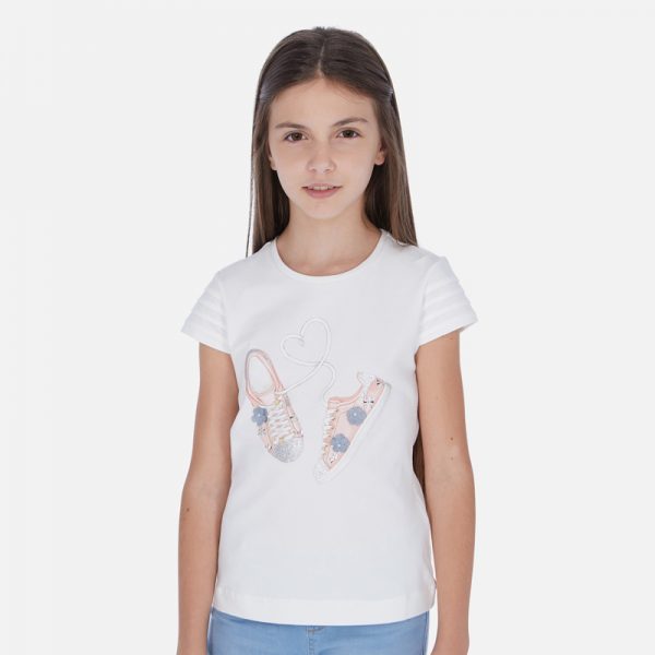 Dievčenské bavlnené tričko s potlačou topánky Mayoral | Welcomebaby.sk