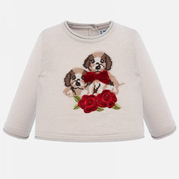 Dievčenský sveter so psíkmi a kvetom Mayoral béžový | Welcomebaby.sk