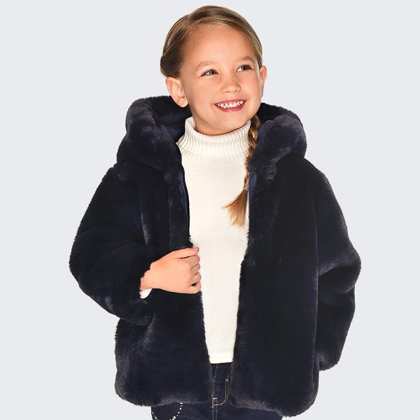 Dievčenská bunda s kapucňou a kožušinou Mayoral modrá | Welcomebaby.sk