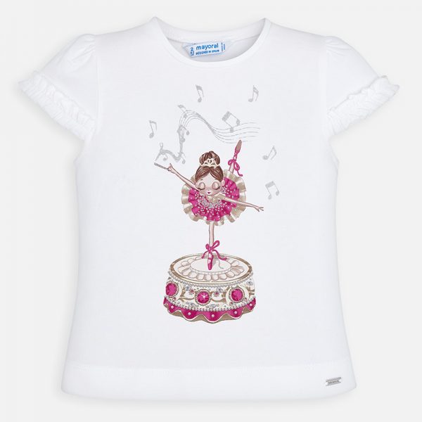 Dievčenské tričko na rukávoch s volánmi a potlačou tancujúcej baletky Mayoral biele | Welcomebaby.sk