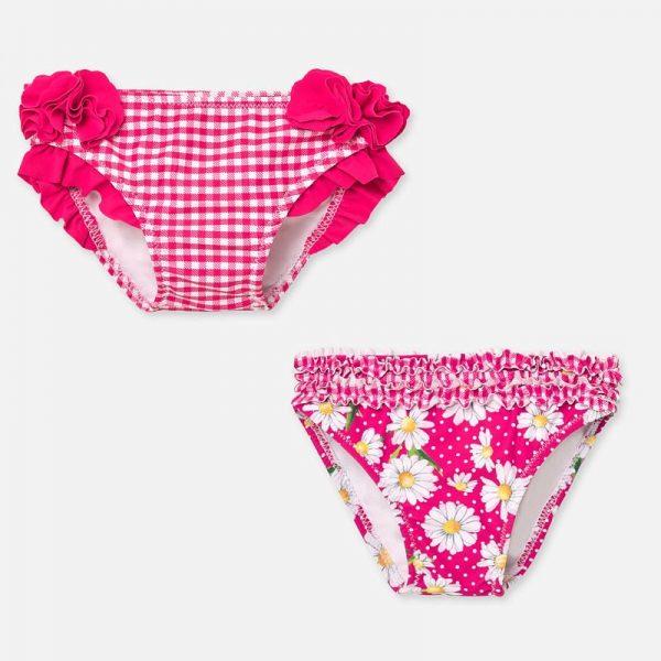 Dievčenské plavkové nohavičky s volánmi, kvetmi a bodkami Mayoral ružové | Welcomebaby.sk