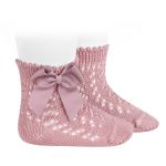 Háčkované ponožky na boku so saténovou mašľou Cóndor pale pink