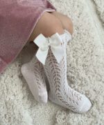 CÓNDOR Háčkované podkolienky s mašľou biele Knee high socks white 2519 | Welcomebaby.sk