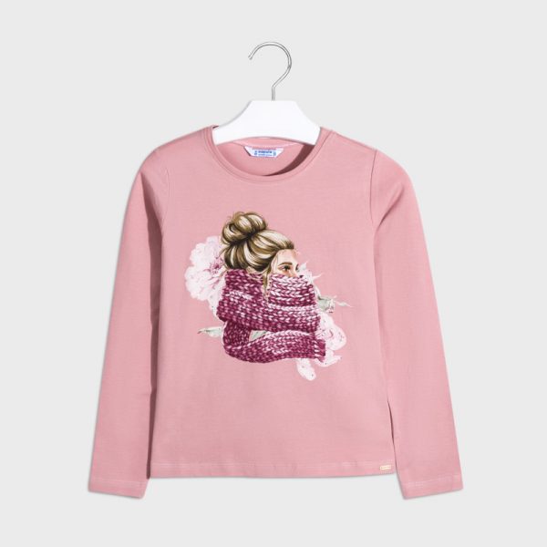 Dievčenské tričko potlač dievča so šálom Mayoral ružové | Welcomebaby.sk
