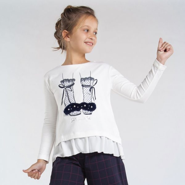 Dievčenské tričko s dlhým rukávom s volánom a potlačou topánok Mayoral biele
