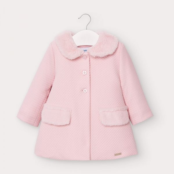 Dievčenský štruktúrovaný tkaný kabát s kožušinou Mayoral baby ružový | Welcomebaby.sk