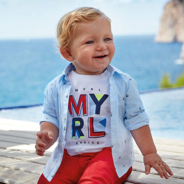 Chlapčenská pruhovaná košeľa s dlhým rukávom a motívom loďky newborn Mayoral svetlomodrá