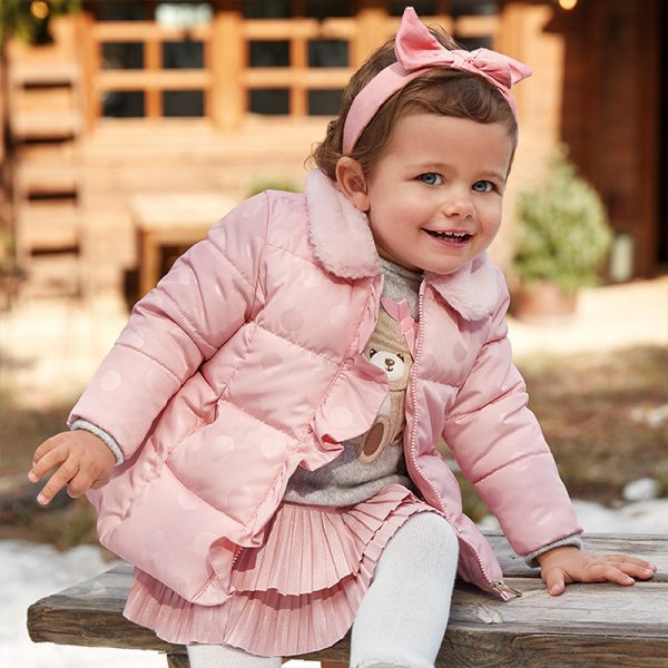 Dievčenská bodkovaná bunda s volánom Mayoral newborn baby ružová | Welcomebaby.sk