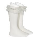 CÓNDOR Bavlnené podkolienky krémové so sieťovanými volánmi Tulle Ruffle knee high socks cream 2494 | Welcomebaby.sk