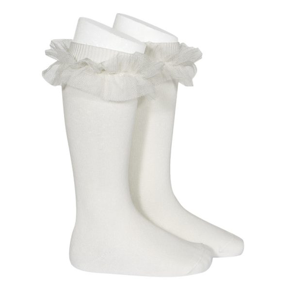 CÓNDOR Bavlnené podkolienky krémové so sieťovanými volánmi Tulle Ruffle knee high socks cream 2494 | Welcomebaby.sk