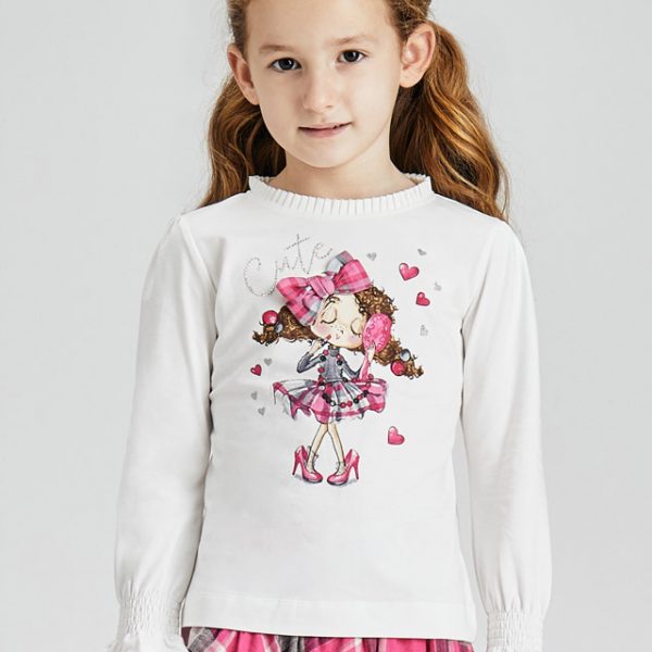 Dievčenské tričko s dlhým rukávom a postavičkou so šminkami Mayoral biele | Welcomebaby.sk