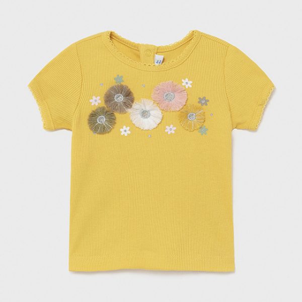 Dievčenské vrúbkované tričko s krátkym rukávom a 3D kvetmi Mayoral žlté