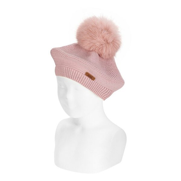 CÓNDOR Garter stitch beret pale pink 526 with faux fur giant pompom Dievčenská pletená baretka bez brmbolca Cóndor ružová pale pink 50102 | Welcomebaby.sk