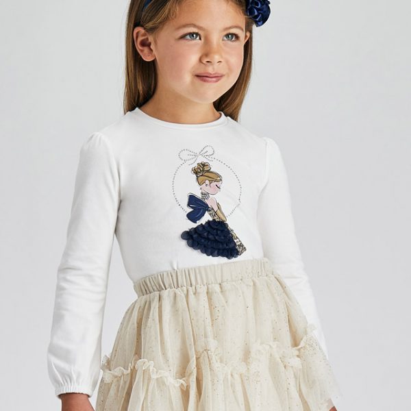 Dievčenské tričko s dlhým rukávom a postavičkou v 3D sukni Mayoral biela/modrá | Welcomebaby.sk