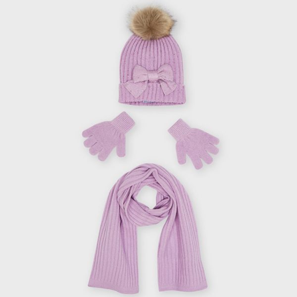 Dievčenská pletená čiapka s mašľou, šál a rukavice Mayoral fialová