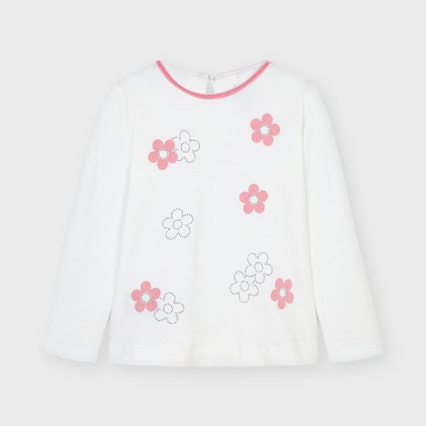 Dievčenské tričko s dlhým rukávom a ružovými kvetmi Mayoral biela/ružová | Welcomebaby.sk
