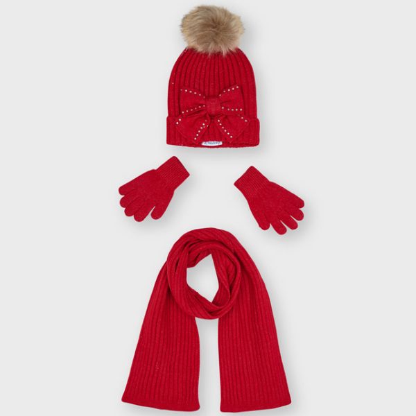Dievčenská pletená čiapka s mašľou, šál s rukavicami Mayoral červená | Welcomebaby.sk