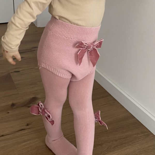 Hladké pančuchy s veľkou velvet mašľou Cóndor ružové pale pink | Welcomebaby.sk