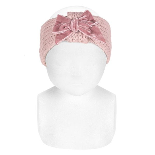 Pletená čelenka s veľkou velvet mašľou Cóndor ružová pale pink | Welcomebaby.sk