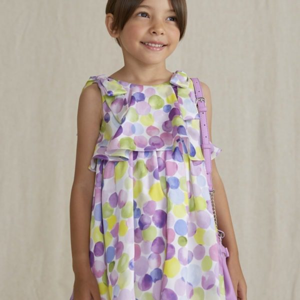 Letné šaty s farebnými bodkami Abel & Lula saténové fialové 504868 | Welcomebaby.sk