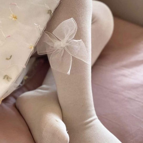 Hladké pančuchy s tylovou mašľou organza ceremonia jemne krémové | Welcomebaby.sk