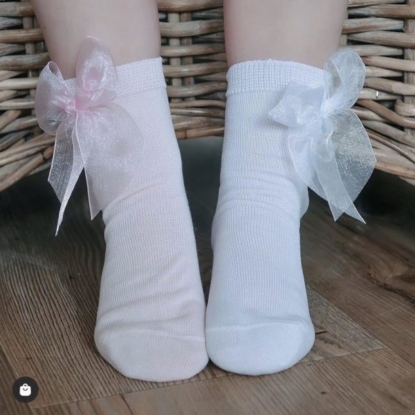 Hladké ponožky s tylovou mašľou ceremonia organza baby ružová | Welcomebaby.sk