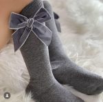 CÓNDOR Podkolienky s velvet mašľou svetlosivé Velvet knee high socks grey 2489 | Welcomebaby.sk