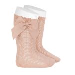 CÓNDOR Háčkované podkolienky 674 nude telové ružové so saténovou mašľou Perle openwork knee high socks 2519 | Welcomebaby.sk