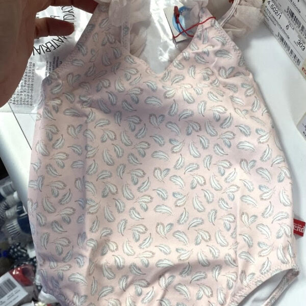 Plavky s nariaseným tylovým volánom UV 50+ Cóndor ružové pierkový vzor | Welcomebaby.sk