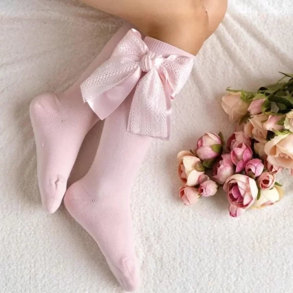 MEIA PATA Podkolienky s veľkou mašľou a výšivkou baby ružová Knee high socks baby pink 1123M | Welcomebaby.sk