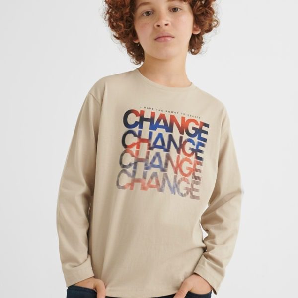 MAYORAL Chlapčenské tričko s dlhým rukávom nápis Change Long sleeve T-shirt boy krémové | Welcomebaby.sk