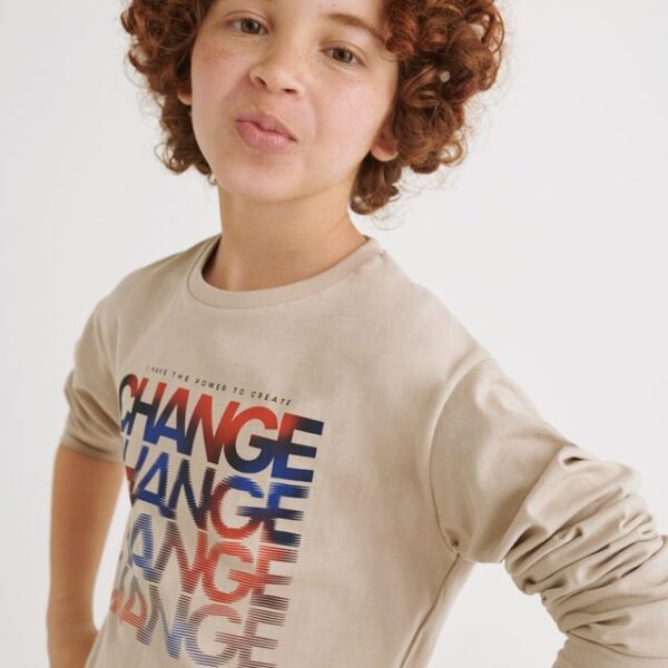 MAYORAL Chlapčenské tričko s dlhým rukávom nápis Change Long sleeve T-shirt boy krémové | Welcomebaby.sk