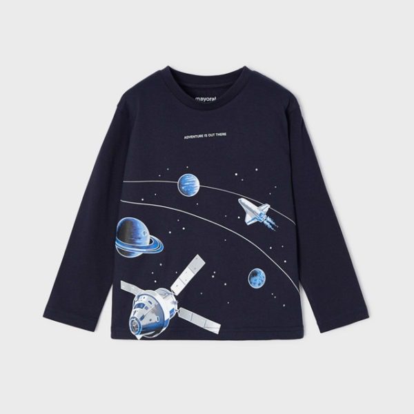 MAYORAL Chlapčenské tričko s dlhým rukávom a potlačou planét ECOFRIENDS Long sleeve interactive T-shirt boy tmavomodré 4004 | Welcomebaby.sk