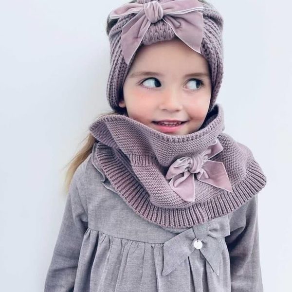 CÓNDOR Pletený nákrčník s velvet mašľou iris Garter stitch snood scarf with velvet bow | Welcomebaby.sk