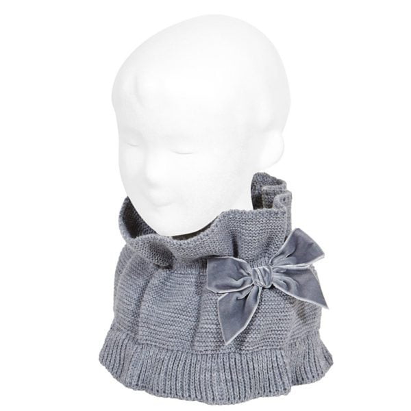 CÓNDOR Pletený nákrčník s velvet mašľou sivá Garter stitch snood scarf with velvet bow light grey | Welcomebaby.sk