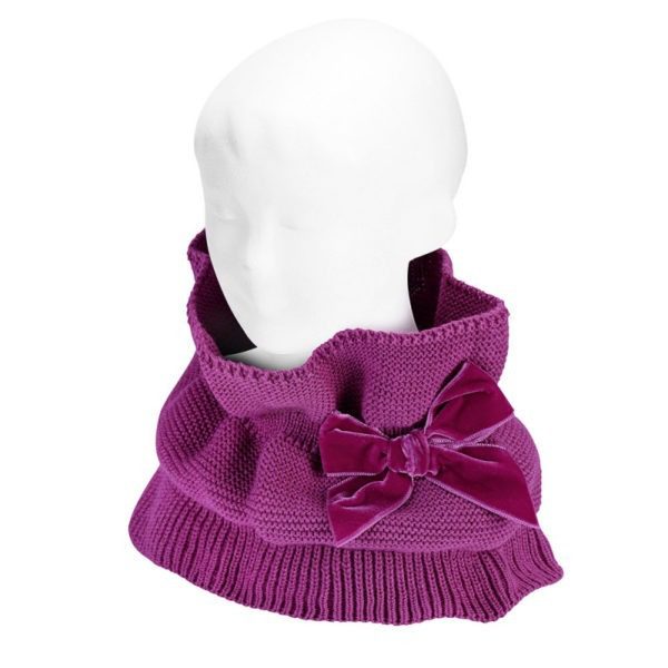 CÓNDOR Pletený nákrčník s velvet mašľou sýtoružová Garter stitch snood scarf with velvet bow petunia | Welcomebaby.sk