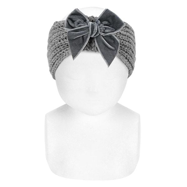 CÓNDOR Pletená čelenka s velvet mašľou English stitch hair turban with velvet bow light grey | Welcomebaby.sk