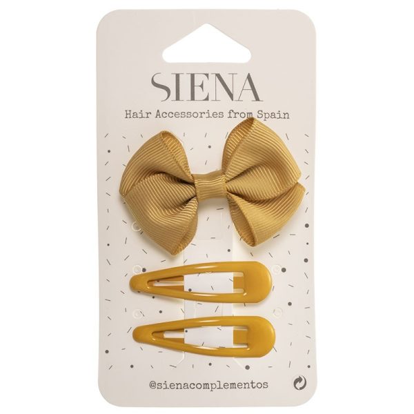 SIENA Mašlička s dvomi sponkami horčicová curry Pack with 1 hair bow clip + 2 soft hair clips | Welcomebaby.sk