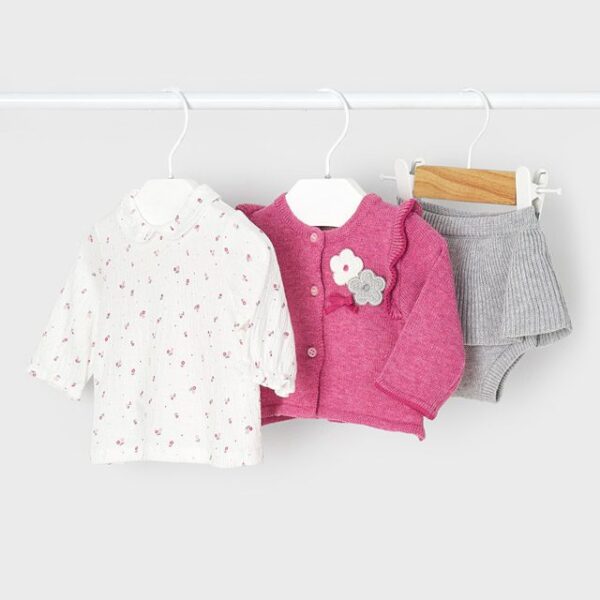 MAYORAL Sukňa, košieľka, sveter ružová sivá Cardigan Set With Skirt 2814 berry | Welcomebaby.sk