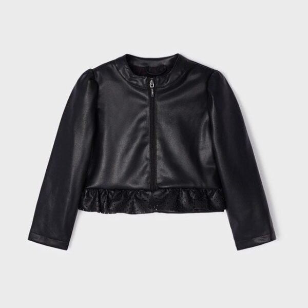 MAYORAL Koženková bunda s volánikom čierna Leatherette jacket black 3437 | Welcomebaby.sk
