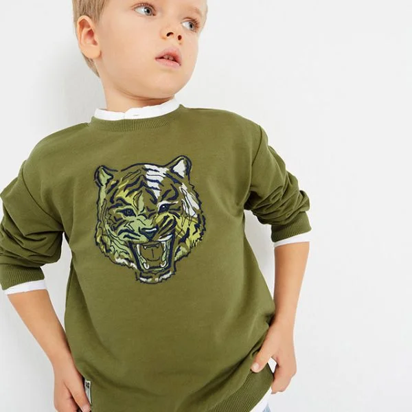 MAYORAL Mikina bez kapucne s tigrom olivová Jumper with tiger olive 3448 | Welcomebaby.sk