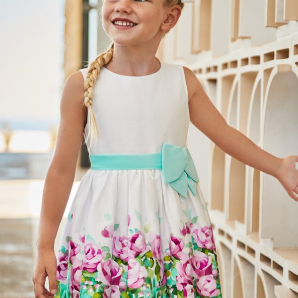 MAYORAL Dievčenské elegantné šaty s kvetmi a opaskom biele Print dress flowers white 3915 | Welcomebaby.sk