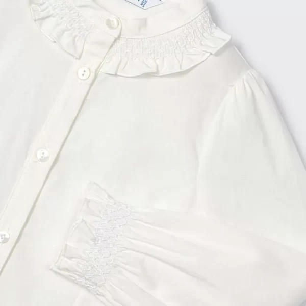 MAYORAL Dievčenská blúzka s dlhým rukávom a volánmi biela Poplin blouse white 4195 | Welcomebaby.sk