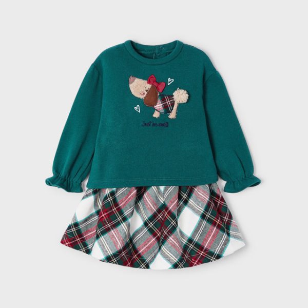 MAYORAL Károvaný sukňový set s tričkom tmavozelený Checked skirt set dark green 2964 | Welcomebaby.sk