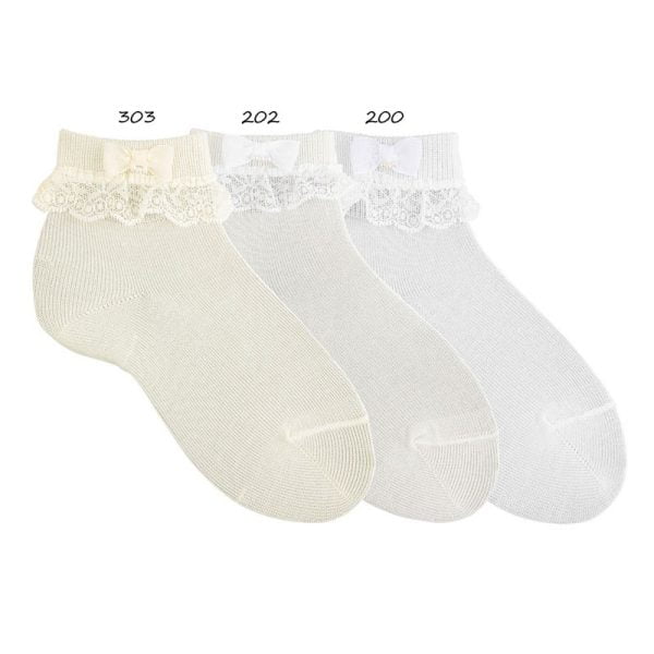 CÓNDOR Ponožky biele s volánom, mašličkou a perlami Socks folded cuff lace bow white 2440 | Welcomebaby.sk