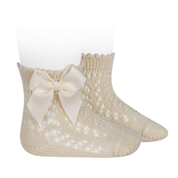CÓNDOR Háčkované ponožky so saténovou mašľou béžové linen Cotton openwork socks bow 2519 | Welcomebaby.sk