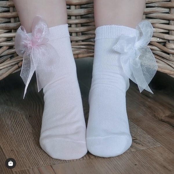 CÓNDOR Hladké ponožky s tylovou mašľou biele Ceremonia organza socks bow white 2439 | Welcomebaby.sk