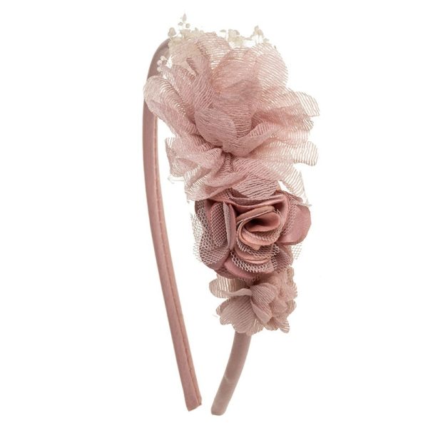 Dievčenská čelenka s kvetmi staroružová Headband flower combined antique pink 215106042 | Welcomebaby.sk