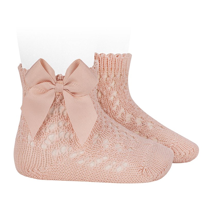 CÓNDOR Háčkované ponožky so saténovou mašľou telové ružové nude linen Cotton openwork socks bow 2519 | Welcomebaby.sk