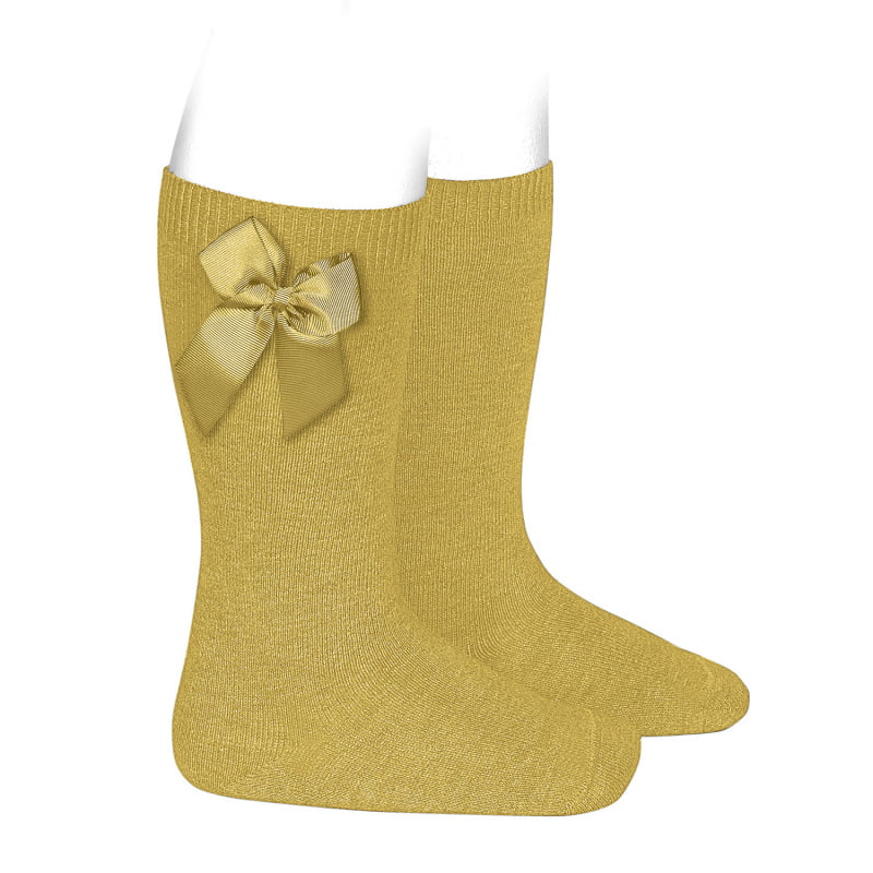 CÓNDOR Hladké podkolienky horčicové na boku s mašľou Knee high socks with side bow mustard 2482 | Welcomebaby.sk